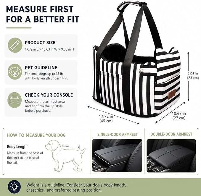 Console Dog Car Seat for Small Dogs to 15lbs (Black& White Stripes) | Center Console Puppy Booster and Portable Travel Bed, Anti-Collapse Design with Washable Fluffy Cushion - Image 4