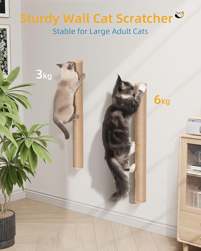 Aechonow 68" Wall Mounted Cat Scratcher,2Pcs of 34in Sisal Scratching Posts | Wood Cat Wall Scratcher,Cat Wall Furniture for Indoor Cats,Cat Wall Climber, Natural Sisal,Tall & Sturdy Corner Climbing Pole - Image 8