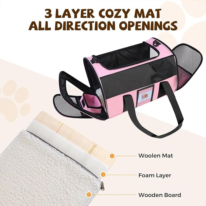 Large Soft Cat Carrier with Detachable Food Bowl,Pet Bag (Up to 28 lbs) | Puppy Kennel with Lockable Zippers for Small Dog, Kitten,Medium Travel Carrying Case for Car Airline Transport,Pink - Image 3