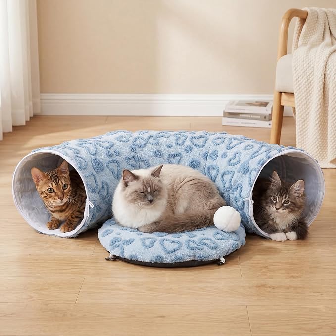 Cat Tunnel Bed, Cute Cat Tunnel Toy with Washable Cushion, Fits Indoor Cats up to 25 lbs, Cute Peekaboo Cave Pet Bed for Kittens, Rabbits, Blue Heart - Image 7