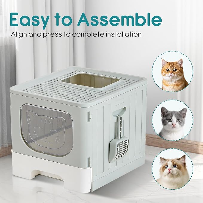 OLIXIS Cat Litter Box with Lid, Large Foldable Cat Box with Scoop, Front Entry Top Exit Kitty Litter Boxs with Door, Easy Cleaning Drawer Design Odor Control, Grey - Image 6