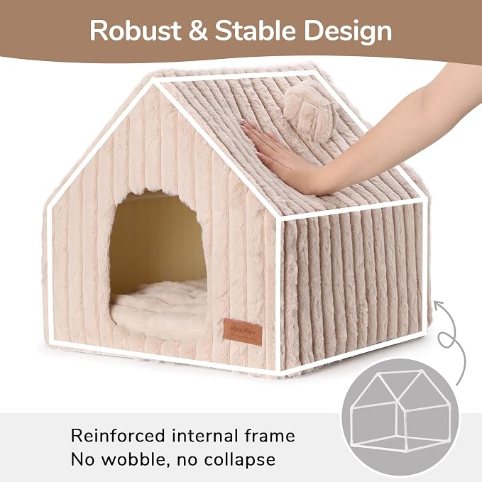 FUKUMARU Cat Bed Cave, Enclosed Washable Covered Dog Bed with Support Frame | Large Cat House for Indoor Cats, Cozy Cat Hideaway for Anxious Cats, Soft Plush Faux Fur Cat Tent Bed, Non-Slip Bottom - Image 2