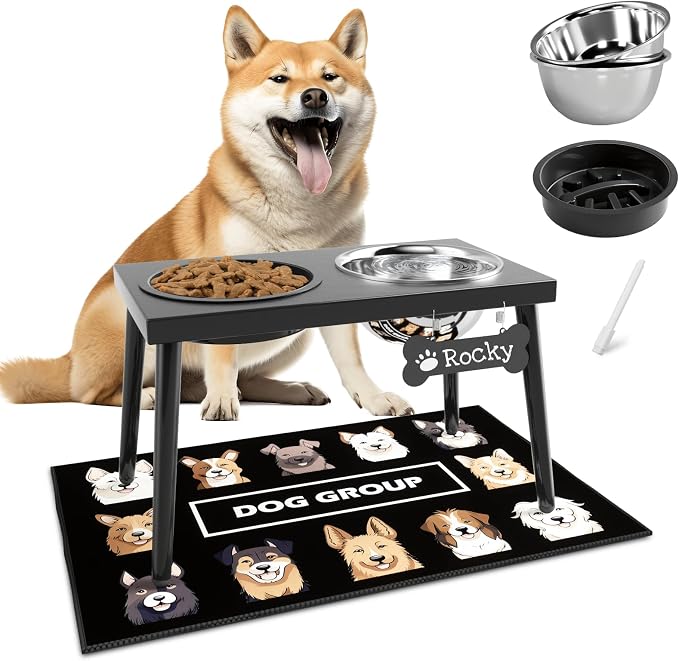 ADENGL Metal Raised Dog Bowl Stand for Large and Medium Dogs, Elevated Dog Bowls with Sprill Proof Mat ＆ Slow Feeder, Pet Food Bowls 10" Tall Dogs Feeder (58OZ-Stainless Steel Pet Bowl, Mat-16x24in) by ADENGL
