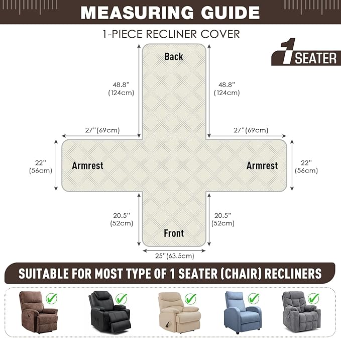 TAOCOCO 100% Waterproof Recliner Chair Covers, Non Slip Recliner Covers for Recliner Chair with Pocket, Washable Reclining Chair Cover Furniture Protector for Kids,Dogs(25'', Chocolate) - Image 2