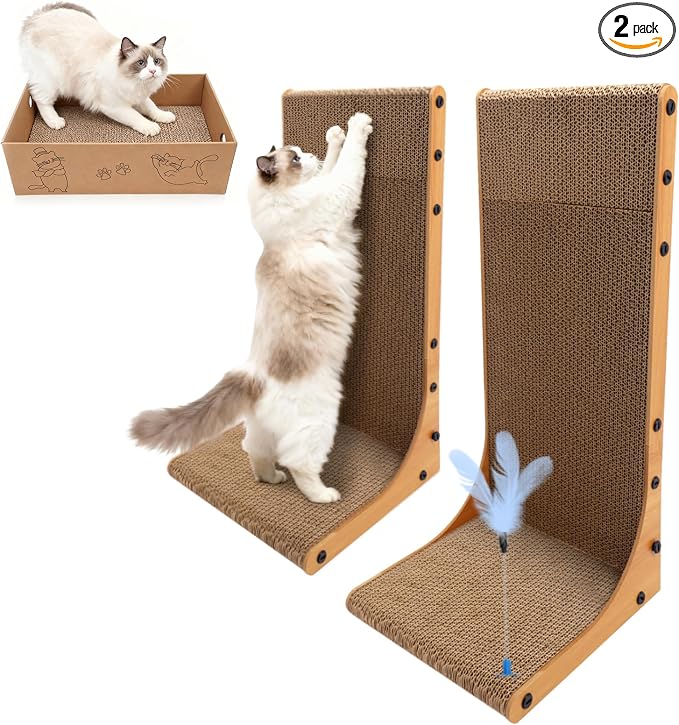 Goosheep Cat Scratching Post, 3-in1 Cat Scratcher for Indoor Cats, 2PK 22in L-Shaped Scratching Board with 1PK Cardboard Box Scratch Pad, Cats Scratch Furniture Protector with Feathered Toy by Goosheep