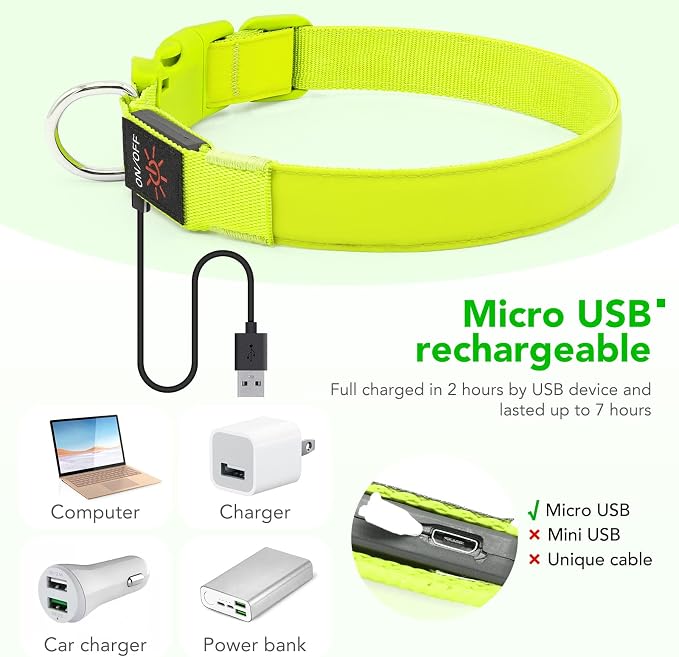LED Dog Collar Light Up Dog Collars USB Rechargeable, Adjustable Size Heavy Duty TPU Nylon Webbing Glow Safety Basic Dog Collars for Large Medium Dogs (L, Neon Green) - Image 4