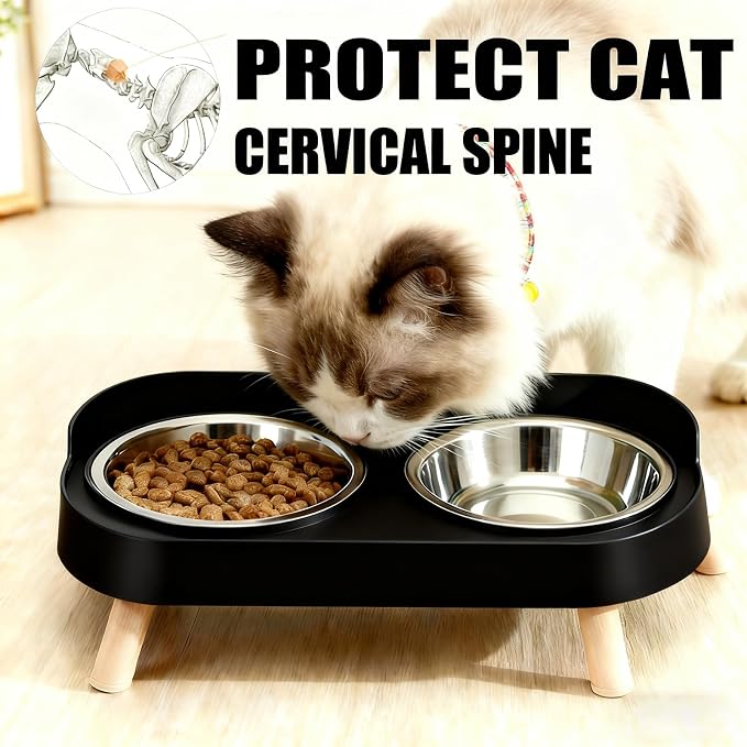 Elevated Cat Bowls, 2 Stainless Steel Raised Cat Food and Water Bowl Set, Splash Proof & Non-Slip, Whisker Fatigue Friendly, Dishwasher Safe for Cats and Small Dogs - Black - Image 2