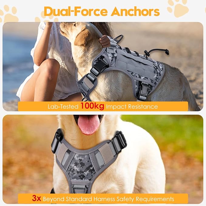 Heavy-Duty Tactical Dog Harness for Large Dogs, No Pull Adjustable Reflective Pet Vest with Molle System, K9 Military-Grade Control for Service Training, Outdoor & 10+ Breeds, Gray Camo, Large - Image 4