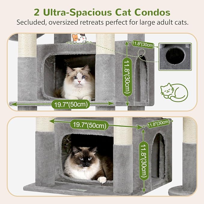 Globlazer 75in Sturdy Cat Tree Tower for Indoor Large Cat, S75, Light Grey | Multi-Level Heavy Duty Cat Tower with Scratching Post, Oversized Condos & Perches for Big Cats, Large Baskets, Enlarged Base - Image 2
