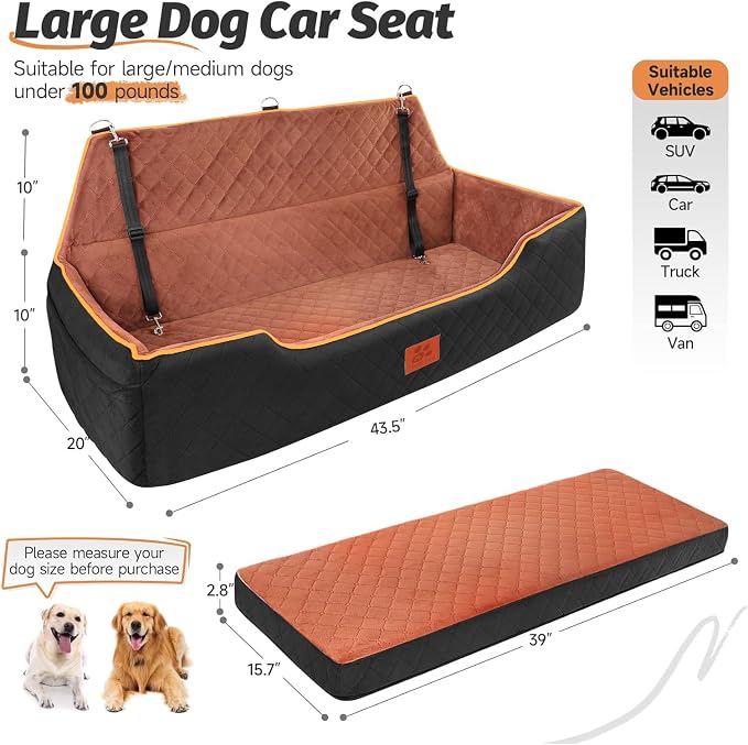 XIEEAOZEE Large Dog Car Seat for Pets Under 100 lbs, Backseat Dog Car Bed | Washable Pet Booster Seat for 2 Medium Dogs, Pet Travel Seat with Storage Pockets, Safety Belts - Image 3