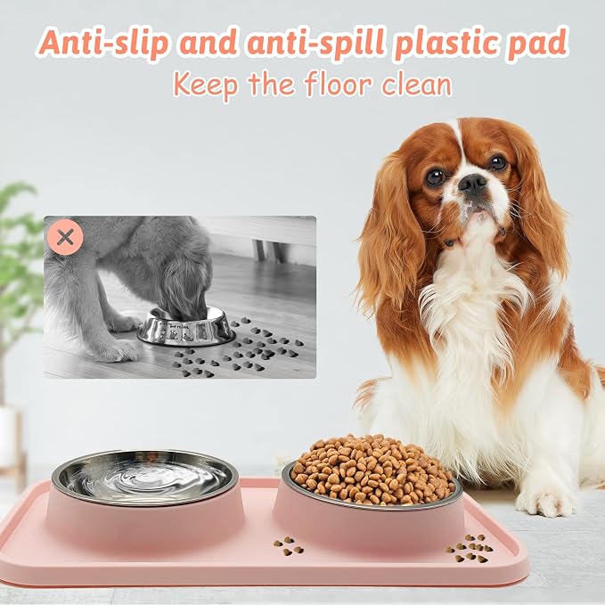 BNOSDM Double Dog Food Bowls Stainless Steel Dog Food and Water Bowls with Non-Spill Plastic Mat Pet Cat Feeder Bowl Set for Puppy Cats Kitten Small Medium Dogs Pink - Image 3