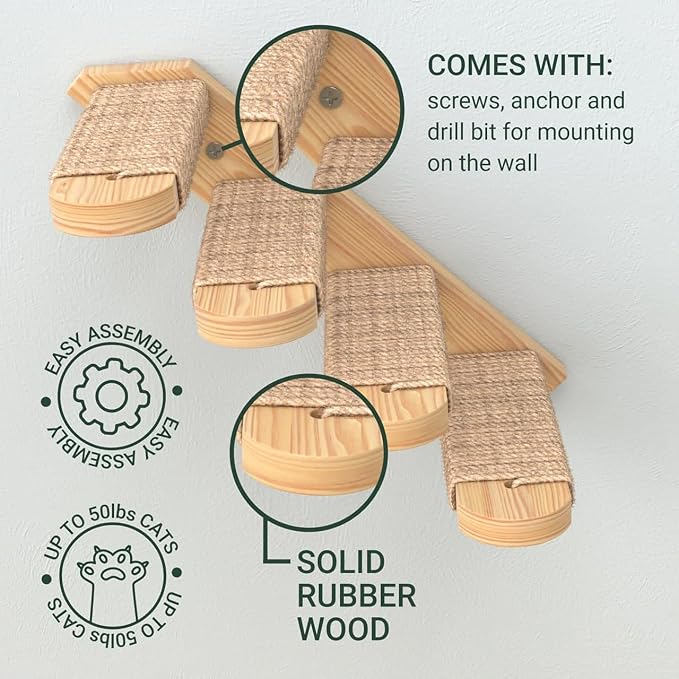 Skywin Cat Wall Steps - Solid Rubber Wood Cat Stairs Great for Scratching and Climbing - Easy to Install Wall Mounted Shelves for Playful Cats (Wood, Right-Left) - Image 7