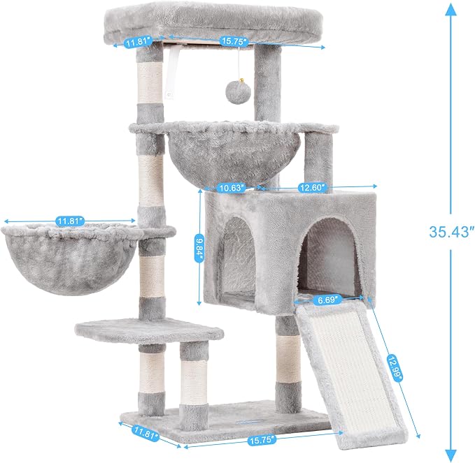 Hey-brother Cat Tree Tower with Large Bed, Hammocks, Scratcher, MPJ006SW | 35.4 Inches Cat House with Cozy Condo, Sisal Scratching Posts for Indoor Cats, Light Gray - Image 3