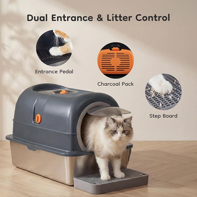OLIXIS Stainless Steel Enclosed Litter Box with Lid, High Sided | Cat Litter Pan for Big Cats, Extra Large Cat Box with Scoop & Mat, Front & Top Entry, Easy Cleaning, Grey - Image 3