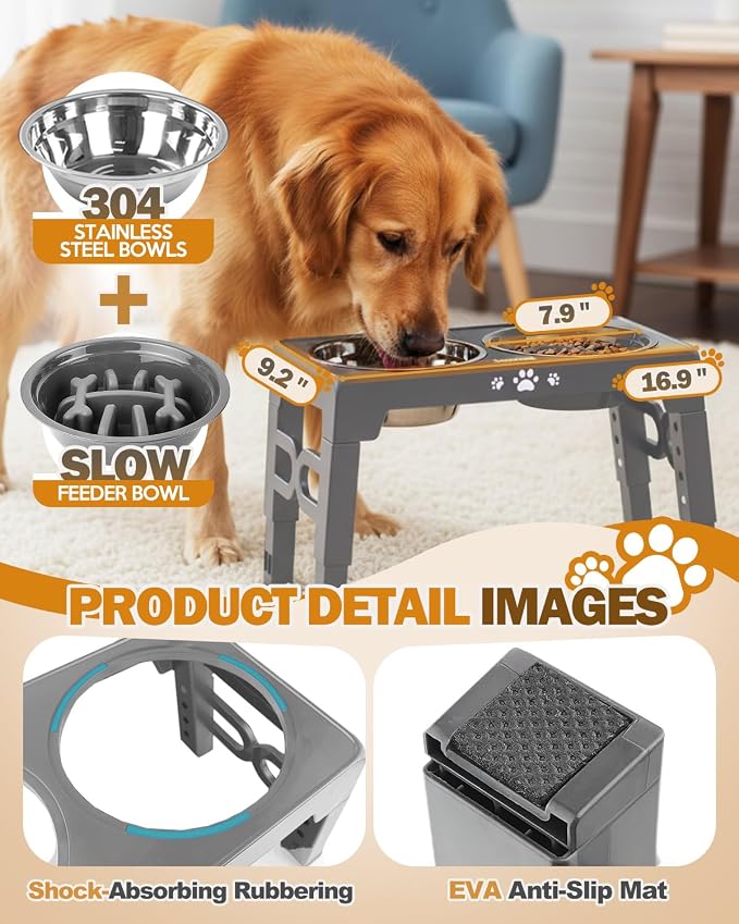 Jovrun Elevated Dog Bowls for Medium Large Size Dogs, Non-Slip Dog Feeder with 1*Stainless Steel Dishes & 1*Slow Feeder Bowl, 5 Heights Adjustable Raised Bowls to 3.15″-8.66″-9.84″-11.02″-12.2″ - Image 4