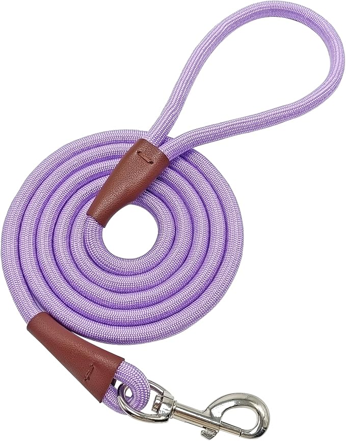 MayPaw 6/8 /10 FT Dog Leash, Classic Solid Colors, Strong Nylon Rope Dog Leash Reinforced with Leather Tailor Connection Heavy Duty Silver Clasp (Purple, 10ft*1/2") by MayPaw