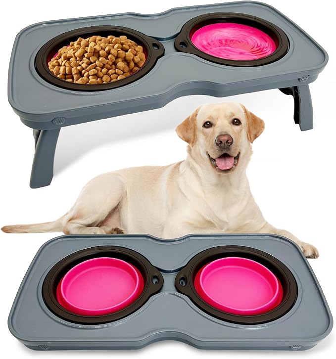 PINVNBY Elevated Dog Bowls Portable Raised Dog Bowl Stand with 2 Collapsible Silicone Food Bowl Non-Slip Travel Bowls for Medium Dogs and Cats (16.9" L x 7.9" W x 5.1" H) by PINVNBY