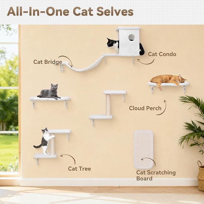 Meecal 6-in-1 Cat Wall Shelves, Wall Mounted Cat Furniture Set, Cat Shelves for Wall with Scratching Posts, Cat Bed & Bridge, Space Saving Cat Climbing Perch for Kittens, White - Image 8