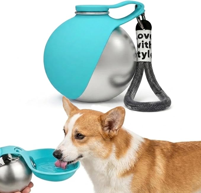 Dog Water Bottle Portable, 2 in 1 Stainless Steel 10oz Dog Water Bowl, Blue | Leak-Proof Pet Water Dispenser for Small & Medium Dogs, Pet Drinking Holder for Walking Hiking Outdoor Activities by FORFAXE
