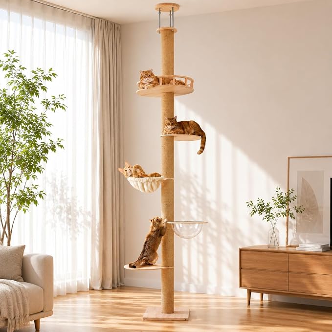 5 Level Floor to Ceiling Cat Tree,50-120in Adjustable Height Tall Cat Tower | Space-Saving Design, Heavy Duty Plywood Cat Pole with Jump Platform, Hammock & Capsule by Unknown