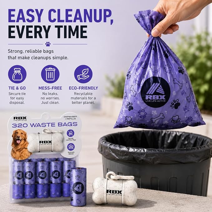 RBX Dog Poop Bags Rolls with Dog Poop Bag Holder for Leash, 320 Poop Bags for Dogs with Clip-On Dispenser, Durable Leak-Proof Dog Waste Bags, 16 Refill Rolls, Recyclable Material - Image 5