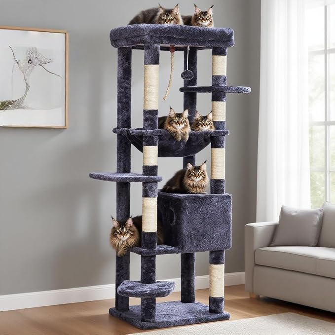 Heybly Cat Tree for Large Cats, 20lbs Heavy Duty, 60 inches HCT050G | Cat Tower for Indoor Cats with Big Padded Plush Perch, Multi-Level Furniture Condo with Cozy Basket, Smoky Gray - Image 2