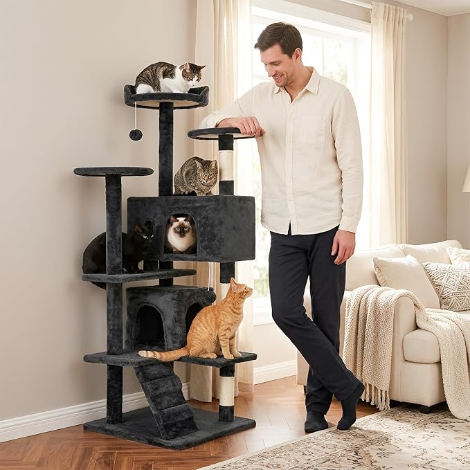 FDW | 54" Cat Tree Tower | Dark Gray | Multi-Level Indoor Activity Center | with Sisal Scratching Posts, Condos, Plush Perches, Hanging Cat Toys | Sturdy, Easy to Assemble | for Kittens & Adult Cats - Image 7