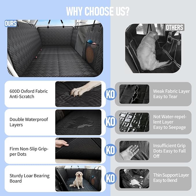 Dog Car Seat Cover for Back Seat, Hard Bottom Back Seat Extender for Dog | Supports 400lbs, Waterproof, Heavy Duty, Scratch Resistant, Dog Hammock for Midsize Cars & Compact SUVs, Black, 53 Inch - Image 5