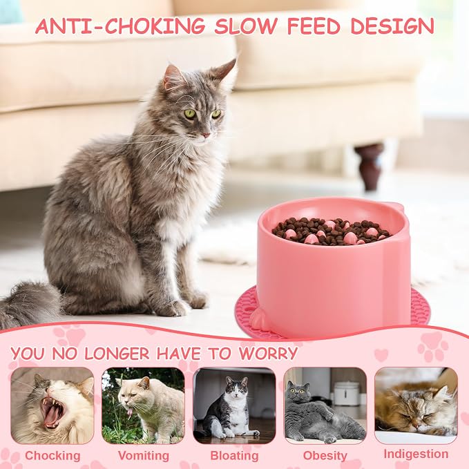 2 Pcs Raised Slow Feeder Cat Bowl, Plastic Elevated Cat Slow Feeder Bowl with Anti-Skid Mat, Raised Slow Cat Feeder for Dry and Wet Food (Green＆Pink) - Image 4