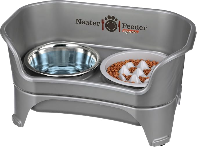Neater Feeder Express Mess Proof Dog Bowls Elevated for Medium and Large Breed – Made in USA – No Spill Raised Slow Feeder Elevated Dog Bowl Stand, Slow Feed Food and Water Bowl Set, Grey by NeaterPets