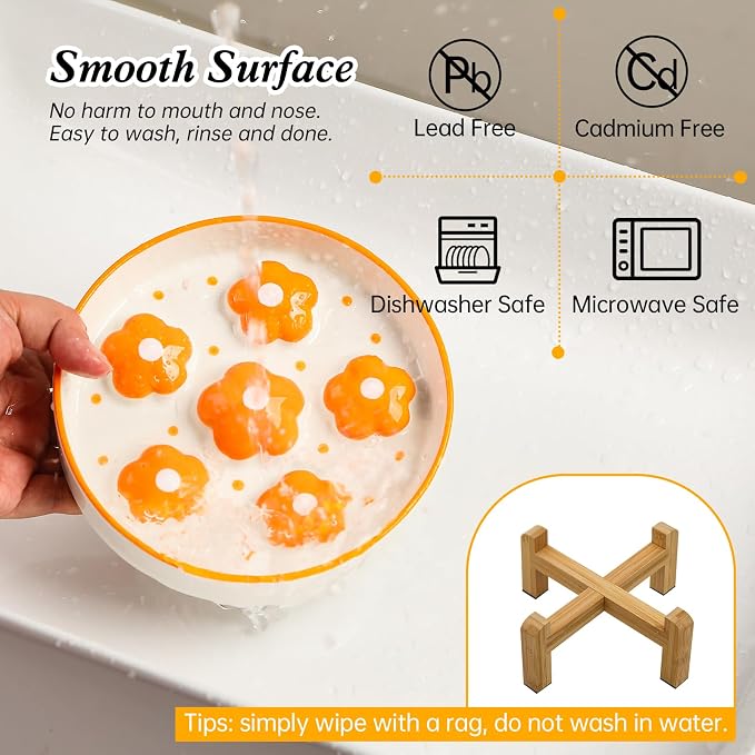 Elevated Ceramic Slow Feeder Cat Bowl with Anti-Slip Bamboo Stand | 6.3" Wide Whisker Friendly, Slow Eating 3x, Dry & Wet Food, Cute Flower-Shaped Maze, Microwave & Dishwasher Safe, Orange - Image 5