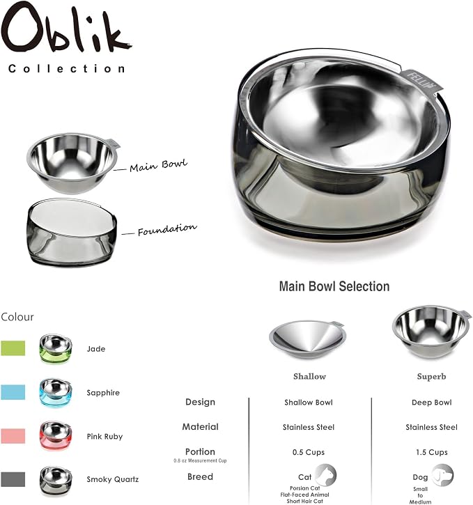 Felli Pet Oblik Acrylic Raised Dog Food Water Bowl Stainless Steel Slanted Oval Dish for Short Leg Puppy & Small Medium Pet, Elevated Tilted Metal Feeder (Smoky, 1.5 Cups Oval Dish) - Image 9