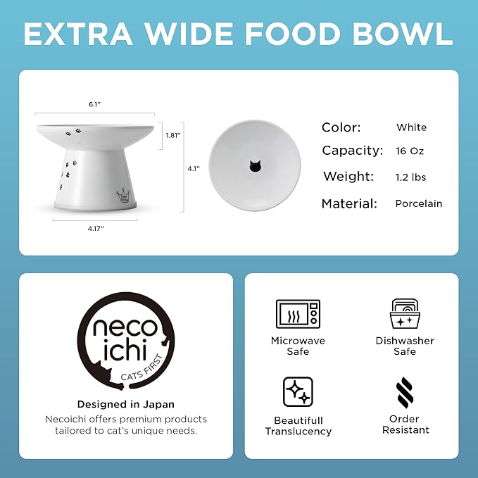 Necoichi Ceramic Extra-Wide Elevated Cat Food Bowl (Cat, Extra Wide) - Image 2