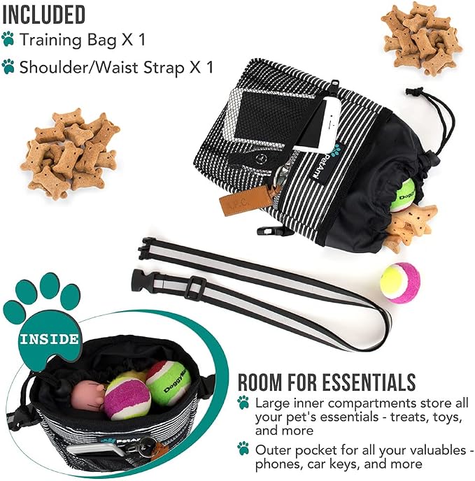 PetAmi Dog Treat Pouch, Pet Treat Pouch For Training, Dog Walking Bag Holder for Kibbles, Pet Food Toy, Dog Trainer Essentials Supplies, Poop Bag Dispenser, 3 Ways to Wear (Black Stripes) - Image 2