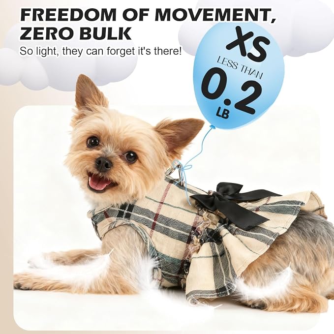 EXPAWLORER Dog Harness Small Medium Sized Dogs, No Choke No Pull Mesh Vest | Plaid Dog Dress Bowknot Harness and Leash Set Soft Cute Princess Puppy Outfits Clothes Costume for Girls Party Cats Beige XS - Image 5