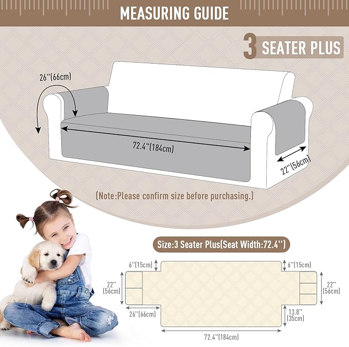TAOCOCO Waterproof Couch Covers for Dogs, Non Slip Pet Sofa Cover, 72.4'' | Washable Couch Seat Covers with Arms for 3 Cushion Couch, Dog Couch Cover Protector, Pockets & Backless Design, Cream - Image 6