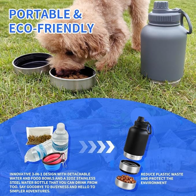 Dog Water Bottle with 2 Bowls, 32oz Insulated Stainless Steel Leak Proof | Travel Bottle for Pets, Portable Design for Hiking, Camping & Travel (Black) - Image 6