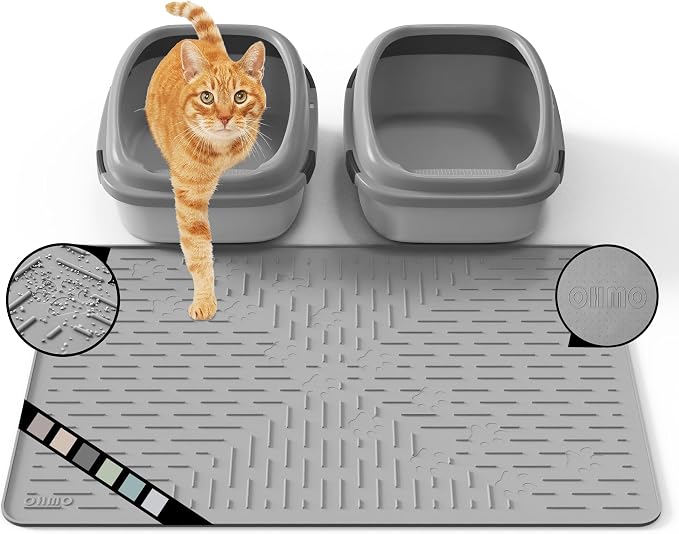 Large Cat Litter Mat, 31.5x23.6 Silicone Trapping Mat Grey | for Kitty Litter Box, Easy Clean, BPA Free Rubber, Center Litter Collection, Easy Pour-Back, Waterproof, Odor-Resistant by OHMO
