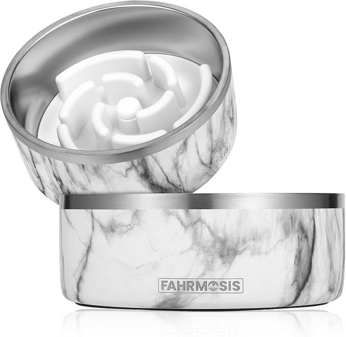 FAHRMOSIS 32 Oz Dog Bowl with Slow Feeder Insert Stainless Steel Pet Water Bowl for Medium & Large Breed Non Slip Rubber Base & Plastic Puzzle Feeder - White Marble by Fahrmosis