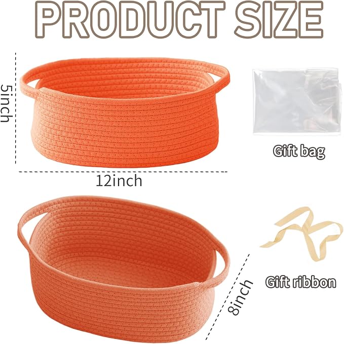 JMvicyroam Small Woven Basket, Empty Gift Basket, Orange/1 Pack | Small Gift Basket, Cotton Rope, 12 x 8 x 15 in, Handles, Includes Ribbon and Bag, Birthday Gift Basket - Image 2