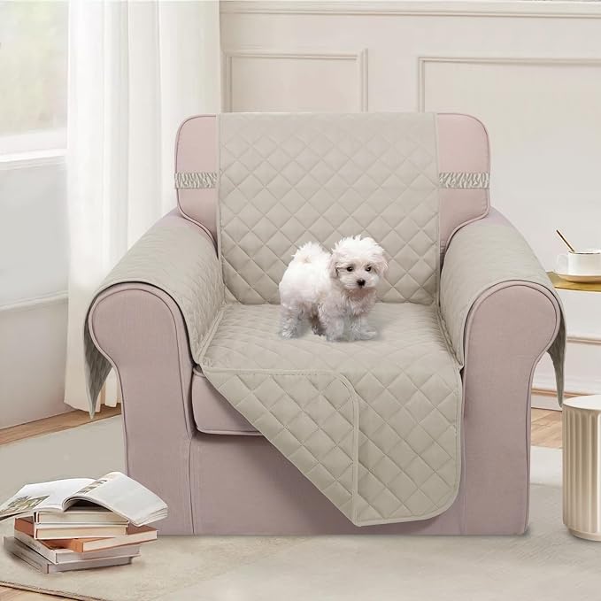 U-NICE HOME Reversible Oversized 28''Chair Covers, Beige/Beige | Armchair Cover for dogs Washable, Pet Friendly, Elastic Straps, Water Repellent, Diamond Quilted - Image 2