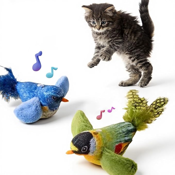 2-pack catnip cat toys that stimulate indoor cats' natural hunting instincts,Interactive plush bird toy with realistic chirping sounds to tease your cat (Green artificial bird + blue artificial bird) by Unknown