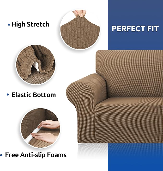 KEKUOU Stretch Loveseat Couch Cover, 2 Cushion Couch Slipcover,Camel | 1-Piece Washable Sofa Cover Pet Friendly (55"-78") Furniture Protector Soft Jacquard, Elastic Bottom for Dogs & Kids - Image 6