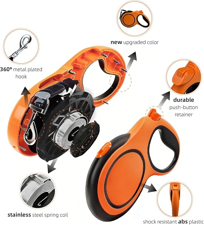26Ft Retractable Dog Leash, Heavy Duty Great Leash for Dog up to 110 lbs, Anti-Slip Rubberized Handle, One-Handed Brake, Strong Nylon Tape, Tangle Free(Large，Orange&Black). - Image 4