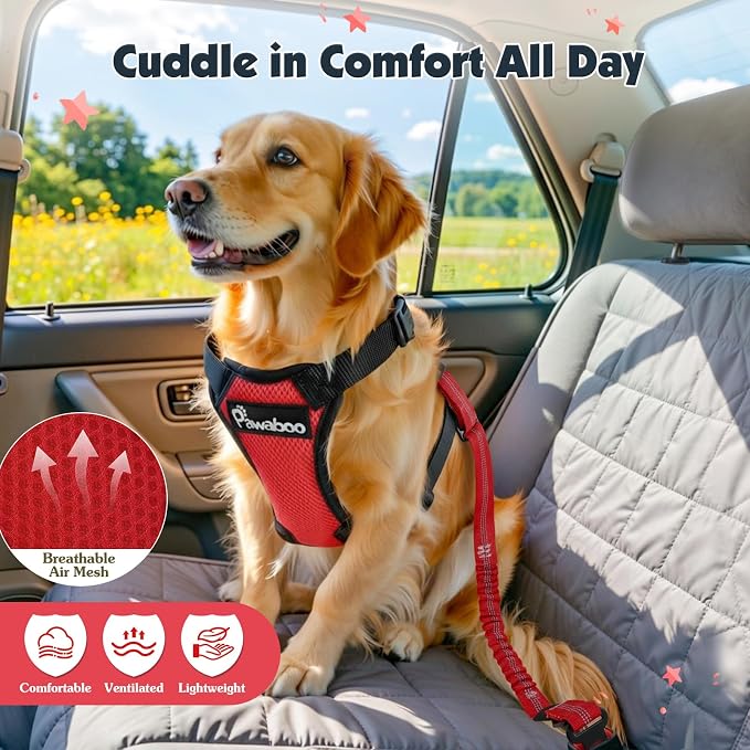 Pawaboo Dog Seat Belt Harness for Car, Seatbelt Harness with 2 in 1 Buckle | Adjustable Breathable Harness for Car, Elastic Reflective Heavy Duty Dog Tether, for Small Medium Large Pets, S, Red - Image 6