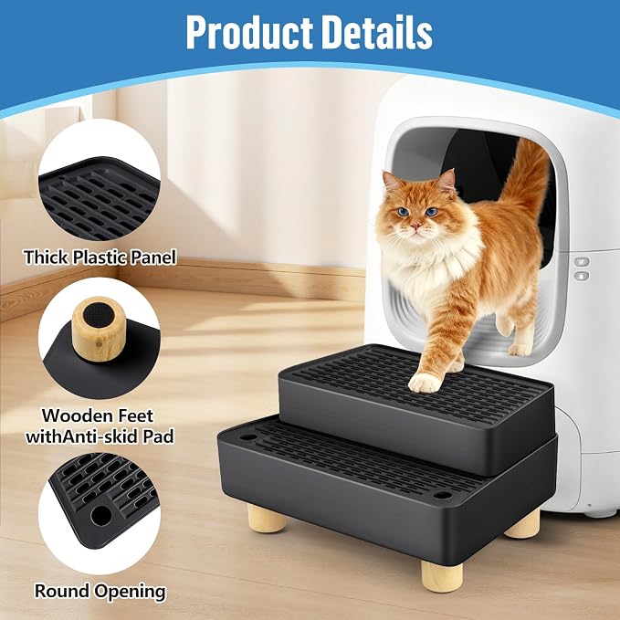 Extra Large 2 Steps Cat Litter Box Step Ramp, Cat Litter Catcher Mat with Wooden Feet, Filter Function, Cat's Pedal Stool for Self-Cleaning Litter, Suitable Kitten & Elderly Cats (Black) - Image 4