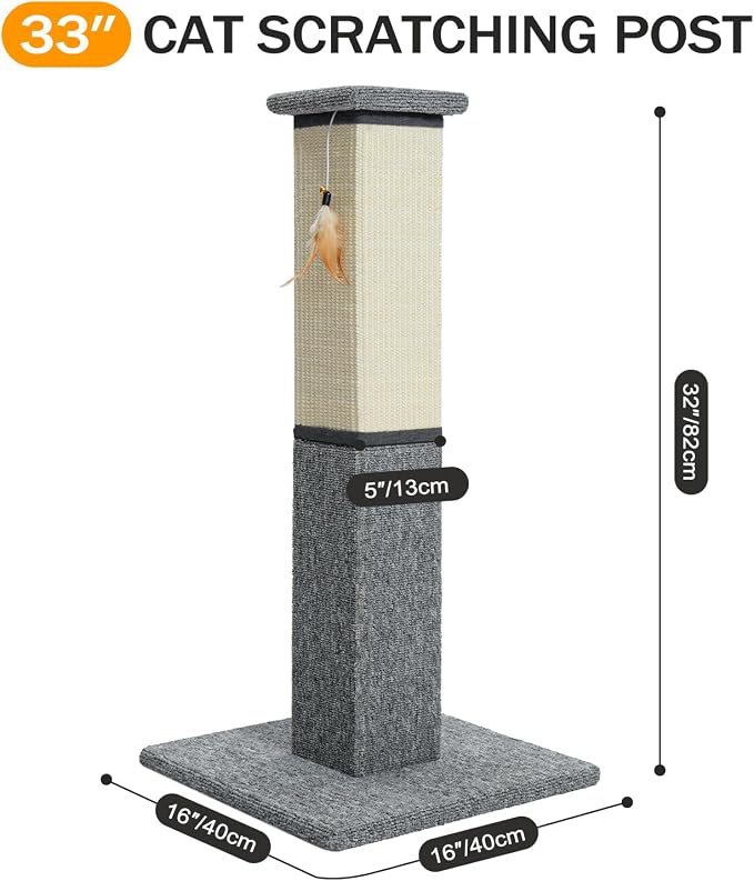 Made4Pets Cat Scratching Post for Indoor Cats, Sisal Carpet Scratcher, 32" | Dual Sisal & Carpet Surfaces, Full-Body Stretching, Stable Base, Hanging Toy for Cats with Different Scratching Preferences - Image 2