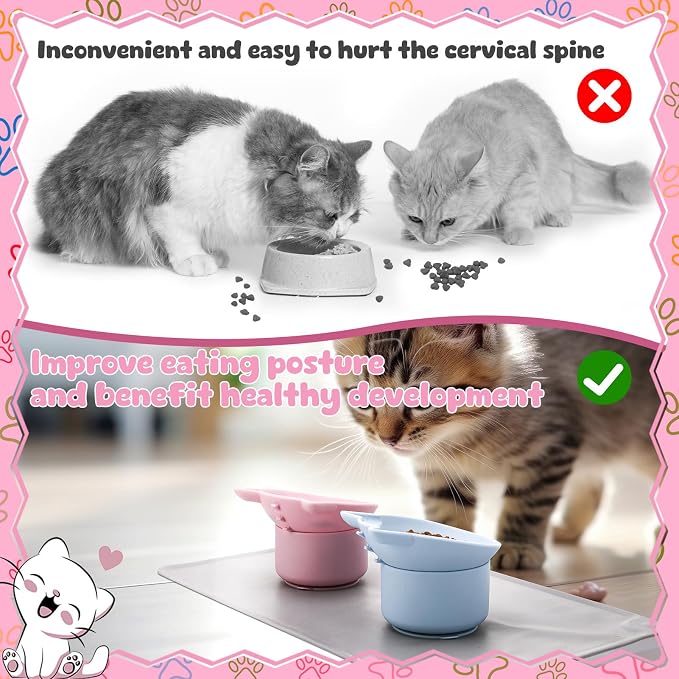 2 Pack Slow Feeder Cat Bowls Silicone Tilted Raised Pet Bowl | Non Slip Base for Digestion Anti Vomit, Pink, Blue - Image 4