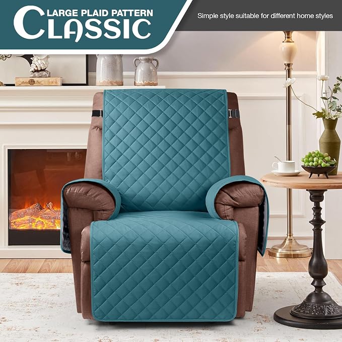 KinCam 100% Waterproof Recliner Chair Covers Washable, 23.6", Peacock Blue | Anti Slip Reclining Couch Covers for Pets Dog, Recliner Sofa Slipcover Storage Pocket, Furniture Protector with Elastic Strap - Image 2
