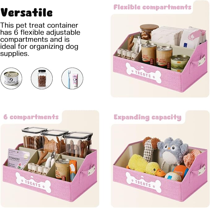 Dog Treat Container, Dogs Storage Organizer with Removable Dividers, Collapsible Dogs Treat Holder for Countertop, Trapezoid Pet Treats Containers, Dog Toy Basket with PU Handles, Medium, Pink - Image 4